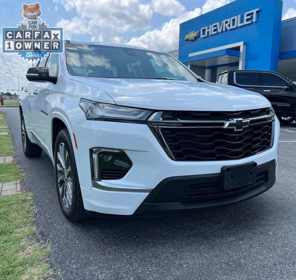 2023 Chevrolet Traverse Premier in Summit White — front three-quarter view