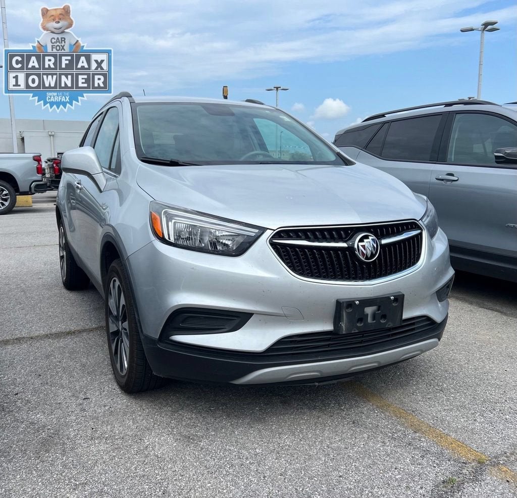 2021 Buick Encore Preferred in Includes (Mdp) Anthracite Lower Exterior Accent Color, Paint Code W598f. — front three-quarter view